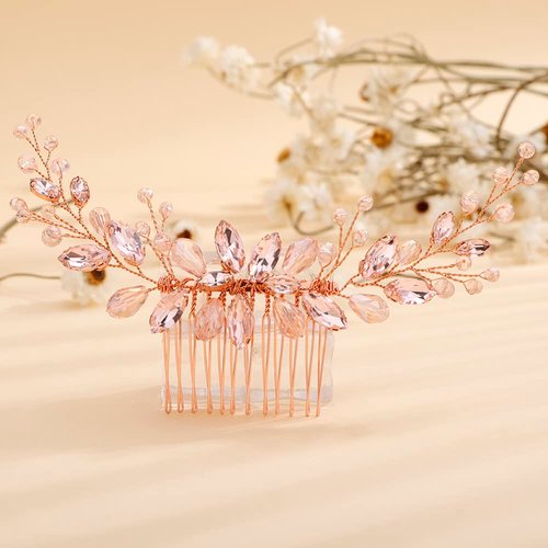 Teyglen Bridal Pink Rhinestone Crystal Hair Comb Headband Handmade Wedding Hair Pieces for Bride Floral Headpieces Hair Accessories for Women Girls (Pink)