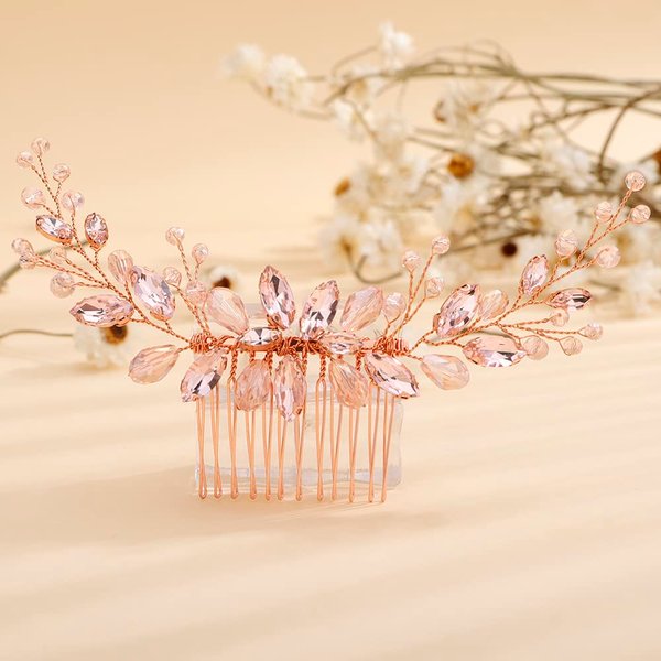 Teyglen Bridal Pink Rhinestone Crystal Hair Comb Headband Handmade Wedding Hair Pieces for Bride Floral Headpieces Hair Accessories for Women Girls (Pink)