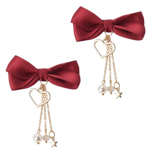 Red Bow Hair Clips for Girls Small Hair Bow Barrettes Faux Pearl Tassel Chain Clips Hair Accessories for Women Cute satin Bowknot Hair Clip for Bows Headwear for Toddler Non Slip Clips for Hair 2Pcs