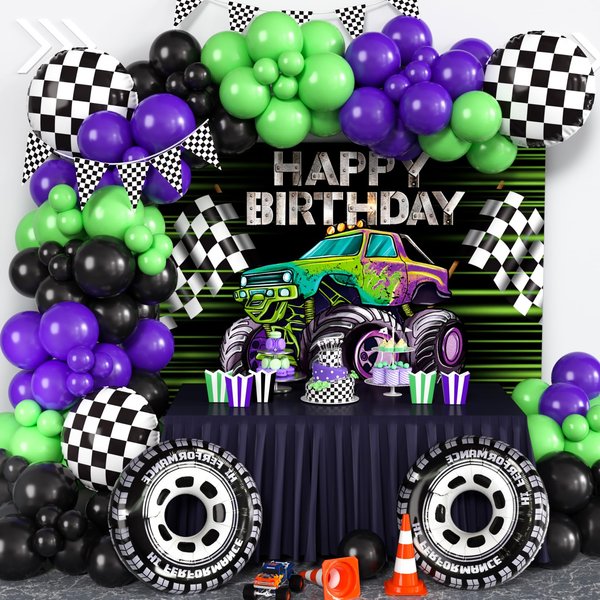 130Pcs Monster Truck Birthday Decorations Truck Theme Balloon Garland Arch Kit with Green Dark Purple Balloon Backdrop Foil Balloons Pennant Baby Shower Race Car Birthday Party Supplies for Boys