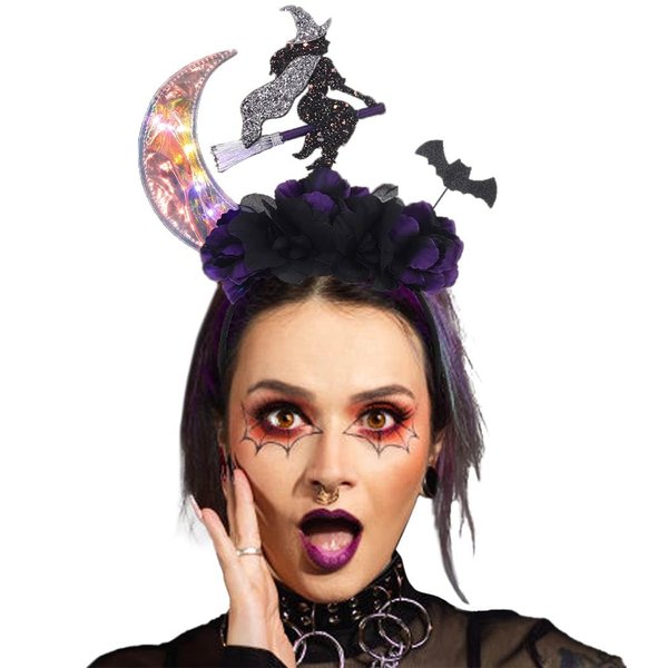 Fashey Halloween Light Up Headband LED Lighting Moon Headbands Black Rose Hairband Festival Witch Costume Hair Accessories for Women and Girls