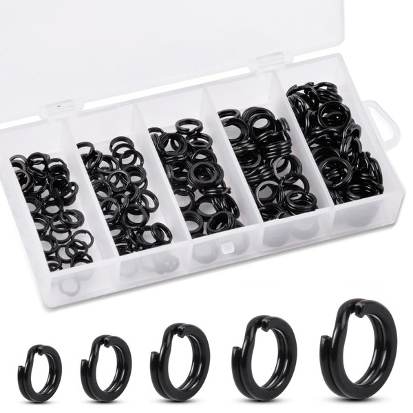 200pcs Split Rings Fishing Saltwater High Strength Stainless Steel Fishing Split Rings Hyper Flat Wire Fishing Tackle Hooks Connector for Jigging Lures Bait Black Color