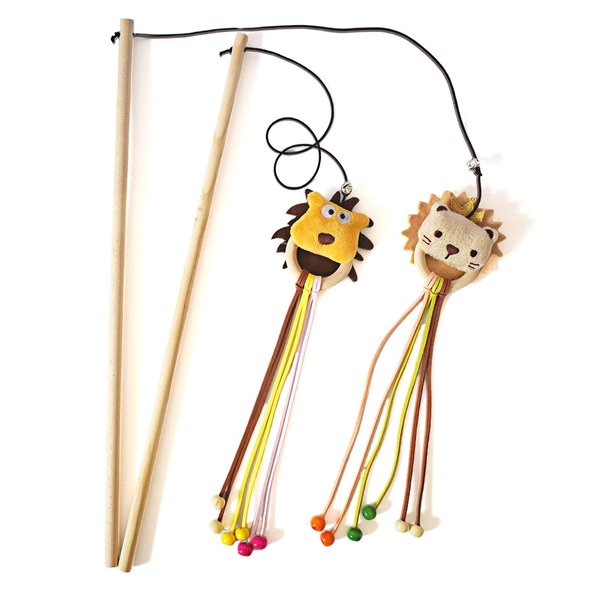 IUHKBH Interactive Cat Toy, 2 Pcs Cat Wand Toys Natural Wooden Cat Teaser Wand with Cute Animal Cat Sticks for Cat and Kitten