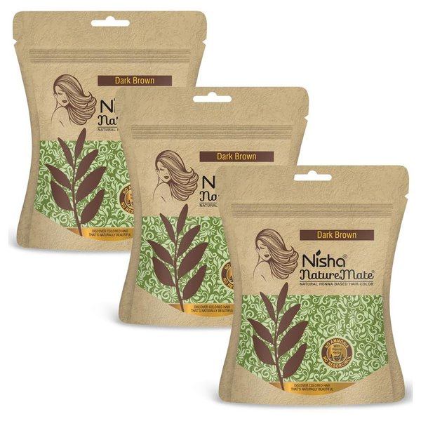 Nisha Nature Mate Henna Powder for Hair Colour, Dark Brown, Permanent Hair Color, Ammonia Free, 100% Grey Coverage, Herbal Hair Dye with Amla, Shikakai, Hibiscus & Aloe Vera (45g Pack of 3)