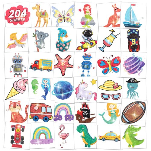 EMOME 204 Sheets Glitter Tattoos for Kids,Individually Wrapped Kids Temporary Tattoos for Girls Boys,Glitter Fake Tattoos Stickers for Party Favors Birthday Supplies