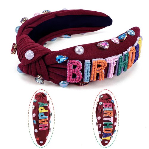 Exacoo Happy Birthday Headbands for Women Girls Red Headband Knont Hair Bands for Birthday Decorations Wide Headband Rhinestone Pearl Hair Accessories Princess Halloween Birthday Party Decorations