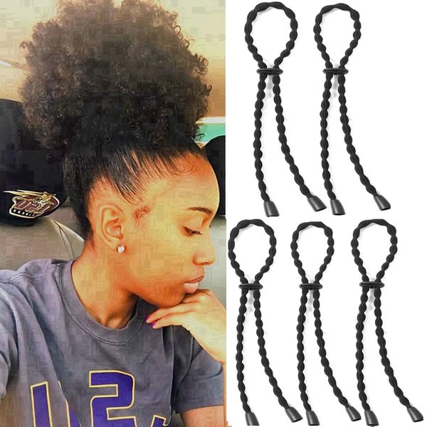 FEEZENT Afro Puff Drawstring Ponytail Ties Adjustable Length Hairband for Short Kinky Curly Hair Bun Hair Ties for Afro Long Cushioned Headband Ties for Women with Thick, No-Slip Design (A-Black-5PCS)