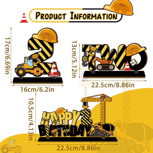 ZCPTZ Construction Birthday Party Supplies - 3 Pcs Wooden Table Centerpiece for Boys, Two Years Old Baby 2nd Birthday Party Decorations, Construction Theme Party