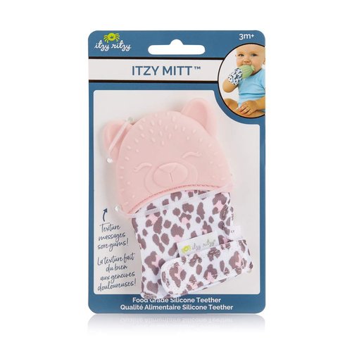 Itzy Ritzy Silicone Teething Mitt - Soothing Infant Teething Mitten w/Adjustable Strap, Crinkle Sound, Textured Silicone to Soothe Sore & Swollen Gums, Baby Teething Toy for 3 Mos & Up, Blush Leopard