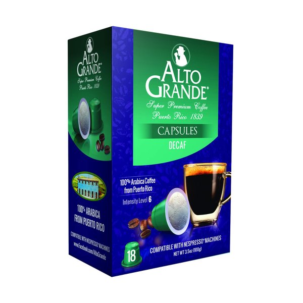 Alto Grande Super Premium Capsules for Nespresso Machines, 100 Percent Arabica Coffee From Puerto Rico (Decaf, 18 Count)