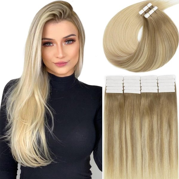 LacerHair Blonde Tape in Hair Extensions Human Hair Double Side Tape Seamless Skin Weft Ombre Light Brown #8 Balayage Platinum Blonde #60 50 Grams 20Pcs 18 Inch