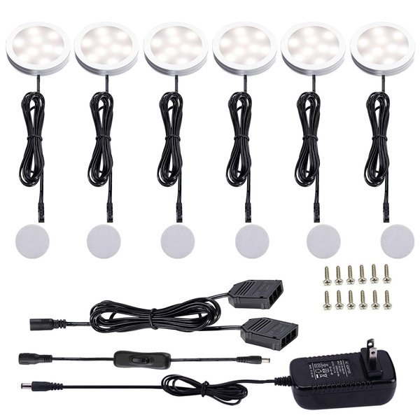 AIBOO 12V LED Under Cabinet Lights Kit 6 Pack Black Cord Aluminum Puck Lamps for Kitchen Counter Closet Lighting with Manual on/Off Switch 12W 6 Lights (4000K Natural White)