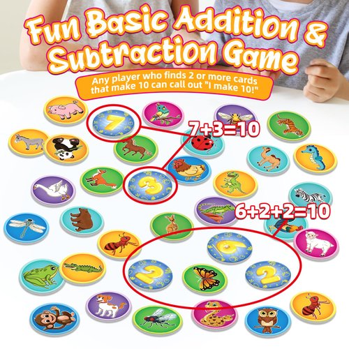 SmarLearnio Math Games,100PCS Animal Memory Match Game Addition and Subtraction Games,Math Manipulatives Facts Flash Card Toddler Preschool Kindergarten 1st Grade, Educational Toy Learning Activities