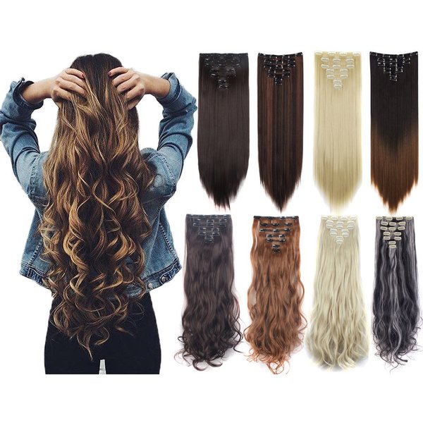 Lelinta 24" Thick Curly Full Head Clip in on Double Weft Hair Extensions Natural Black