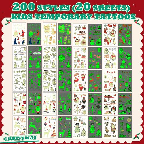 200PCS Christmas Temporary Tattoos - Festive Glow Tattoos for Kids, Waterproof Kids Temporary Tattoos, Fun Holiday Party Favors Game Supplies, Perfect Christmas decoration Gifts for Boys and Girls