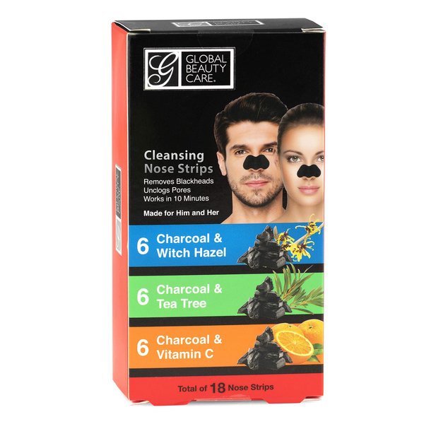 Global Beauty Care 18 Nose Cleansing Strips VARIETY PACK Charcoal with Tea Tree, Witch Hazel, & Vitamin C For Blackheads Removal Strips - 18 Ct