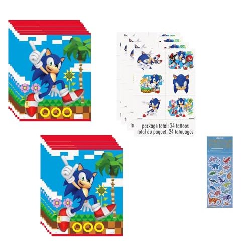 Unique Sonic Birthday Party Supplies Bundle includes 16 Plastic Loot Bags, 24 Tattoos, 1 Dinosaur Sticker Sheet
