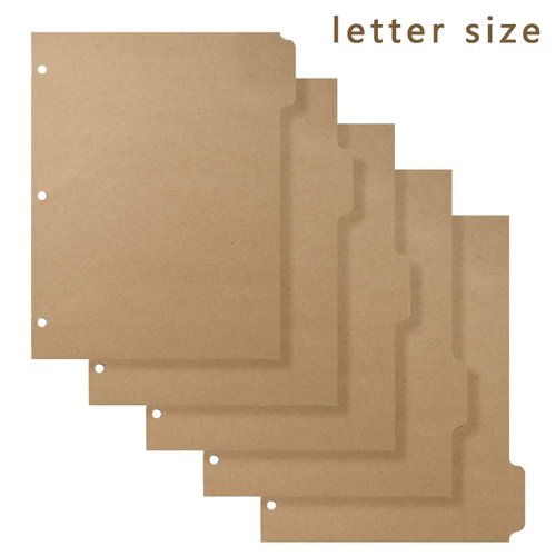 3 Ring Binder Dividers with 5-Tabs for Letter Size, 1/5 Cut, 3-Hole Punched, Blank Kraft Paper Index Dividers 8.5” x 11” for Extra Durable for College, Adults