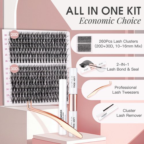 Miuffue DIY Lash Extension Kit 260 PCS Individual Cluster Kit Eyelash Extension Kit Lash Bond and Seal Glue Remover with Eyelash Tweezers