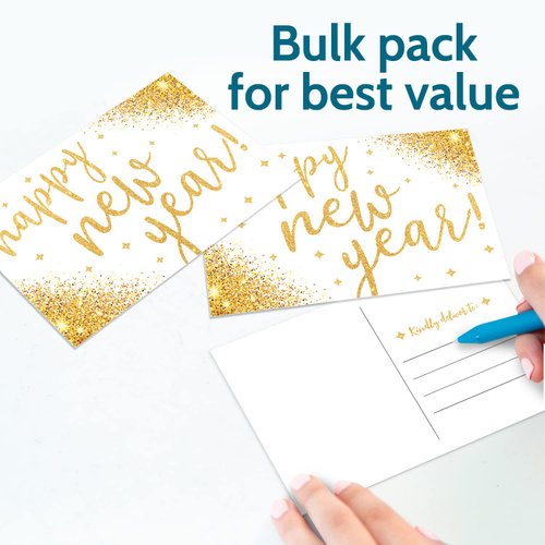 T MARIE 50 Happy New Year Postcards - Faux Gold Confetti Post Cards Set for New Year’s Day 2024-2025 Bulk Thank You Notes for Family, Business, Clients, New Years Eve Party Invitations and More