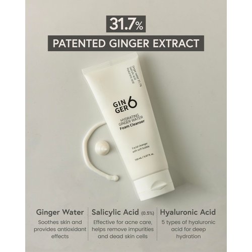Ginger 6 Hydrating Foam Cleanser (150ml) - Micro-Bubble Formula, Deep Cleansing, with 31.7% of Ginger Water Extract, Salicylic Acid and Hyaluronic Acid