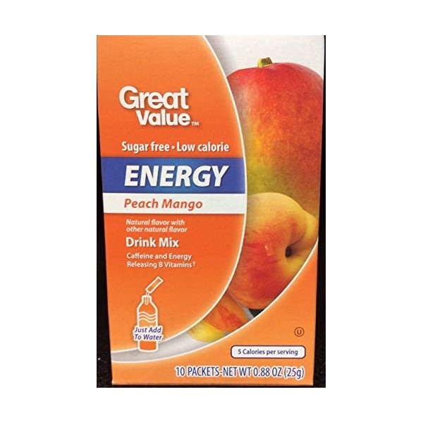 Great Value Sugar Free Low Calorie ENERGY Peach Mango Drink Mix with Caffeine - Naturally Flavored with Other Natural Flavors (Pack of 2)