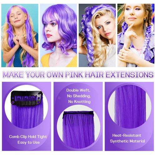CLOEWCL 12 PCS Purple Hair Extensions Clip in, 22" Colored Hair Extensions, Highlights Colorful Hair Extensions, Synthetic Straight Hair Piece DIY Hair Accessories on Daily Party (Purple)