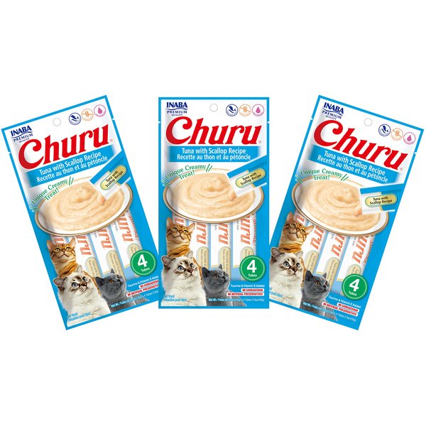 INABA Churu Cat Treats, Grain-Free, Lickable, Squeezable Creamy Purée Cat Treat/Topper with Vitamin E & Taurine, 0.5 Ounces Each Tube, 12 Tubes (4 per Pack), Tuna with Scallop Recipe