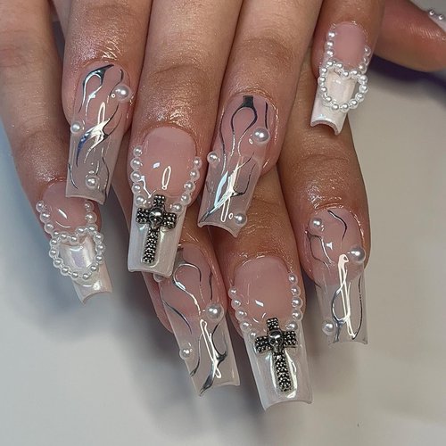 IMSOHOT Coffin Press on Nails Medium French Tips Fake Nails Clear Glossy False Nails with Metal Skull & Cross Designs Silver Flame Ballerina Acrylic Nails Glue on Nails for Women 24Pcs