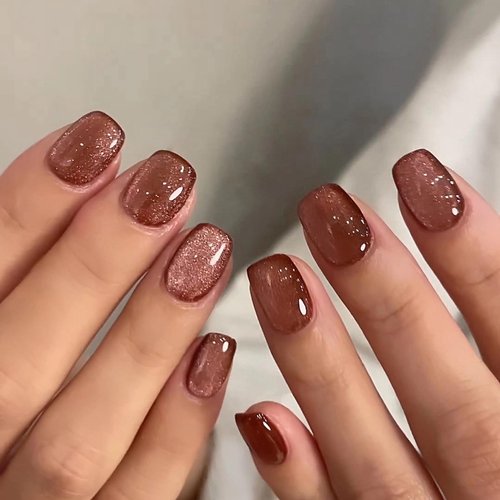 MISUD Fall Press on Nails Short Square Fake Nails Glossy Glue on Nails Bling Cat Eye Design Acrylic Nails Squoval Autumn Arificial Nails Brown Glitter Chrome Stick on False Nails 24 pcs