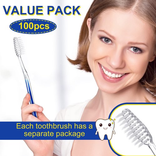 Patelai 100 Pcs Individually Wrapped Toothbrush Bulk Disposable Travel Toothbrushes Soft Bristle Tooth Brush Single Pack for Camping Adults Kids Hotels Guest Toiletries (Blue)