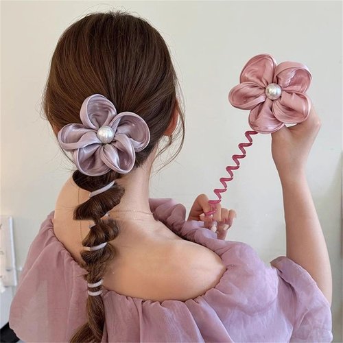 4 Pcs Colorful Telephone Wire Hair Bands Flower Bowknot Braided Phone Cord Straight Spiral Hair Tie for Women Girl Kids #08