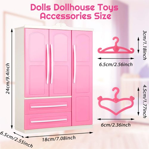 Doll Closet Furniture Wardrobe Clothing Organizer Doll Open Wardrobe Dollhouse Closet with 20 Pieces Doll Hangers 2 Style Pink Plastic Hangers Dollhouse Furniture Accessories (Classic Style)