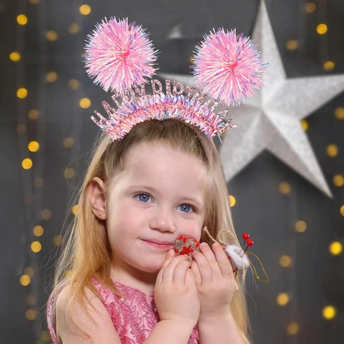 KICOSY Birthday Headbands for Girls Birthday Crown Tiara Birthday Girl Headband Party Headband Pom Pom Headband Glitter Iridescent Fringe Happy Birthday Decorations Birthday Gifts for Girls