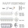 FBQ 111 Pcs Silvery Happy Birthday Birthday Balloons Banner White Silver Confetti Latex Balloons Silver White Theme Kid's Birthday Party Wedding Decorations Supplies
