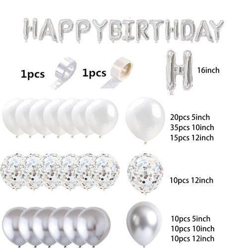 FBQ 111 Pcs Silvery Happy Birthday Birthday Balloons Banner White Silver Confetti Latex Balloons Silver White Theme Kid's Birthday Party Wedding Decorations Supplies