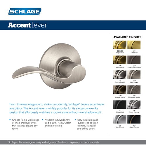 Schlage F10 ACC 622 Accent Door Lever, Hall & Closet Passage Lock, Matte Black