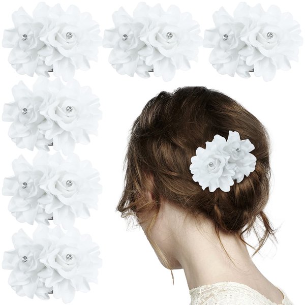 6 Pcs Flower Hair Clips Crystal Hair Barrettes White Floral Hair Clip Rhinestone Orchid Hair Clip Bridal Wedding Accessories for Women Girls (White)