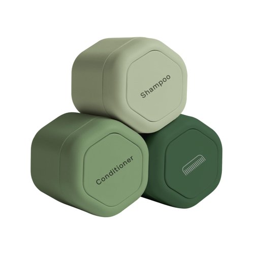 Cadence Travel Containers - Haircare Set - Magnetic Travel Capsules - For Shampoo, Conditioner, Hair Styling Product - 3 Flex Mediums (1.32oz) with Shampoo, Conditioner & Comb Icon Labels - Evergreen