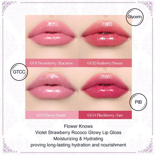 Flower Knows Violet Strawberry Rococo Glowy Lip Gloss-Moisturizing Tinted Lip Plumper Oil-Hydrating Glitter Lip Makeup for Girls&Women-Vegan & Cruelty-Free-0.12 Fl Oz,1 Count (G03 Berry Bomb)