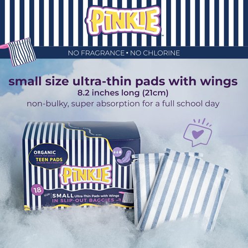 Pinkie Period Pads for Tweens & Teens - Designed for Smaller Underwear - Organic Cotton Topsheet Teen Pads with Wings - Chlorine Free - Teen Small, 18 Count