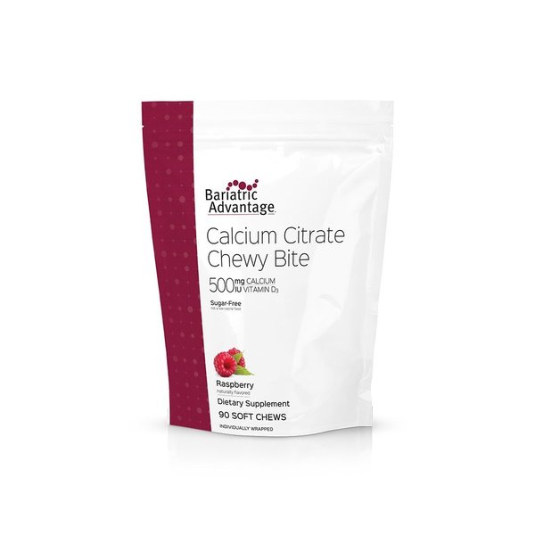 Bariatric Advantage Calcium Citrate Chewy Bites 500 mg - for Bariatric Surgery Patients - Vitamin D3 - Sugar-Free Chewable Calcium Supplement - Bariatric Calcium Chews - Raspberry Flavor - 90 Count