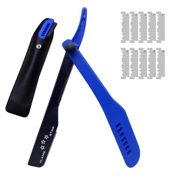 Royal Black Replaceable Blade Professional Straight Edge Barber Razor, Durable Plastic Handle Slide out Razor for Men with Razor Blades by" FLAME STAR''