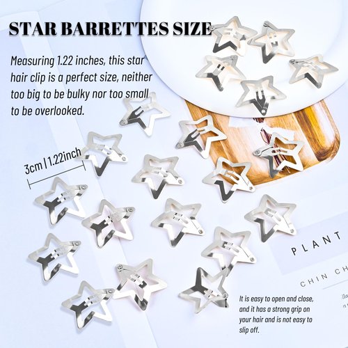 Aitxpaotn Star Hair Clips, 20 Pcs 1.25 inches Silver Star Hair Clips, Snap Star Hair Barrettes Cute Metal Hair Clips Accessories, Y2K Hair Clips Rave Accessories Non-Slip Star Clips for Girls Women