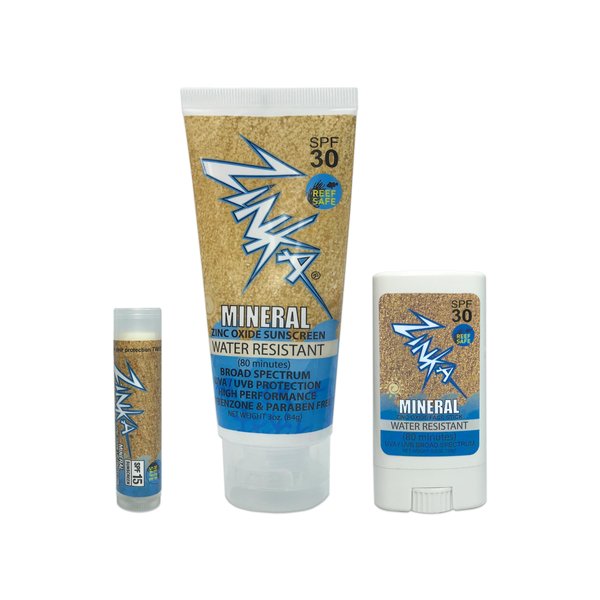 Zinka Sunscreen Personal Pack - Mineral Zinc Oxide for Face, Body, and Lips - Reef Safe and Water Resistant (Lotion SPF 30, Face Stick SPF 30, and Lip Balm SPF 15) - No Chemicals