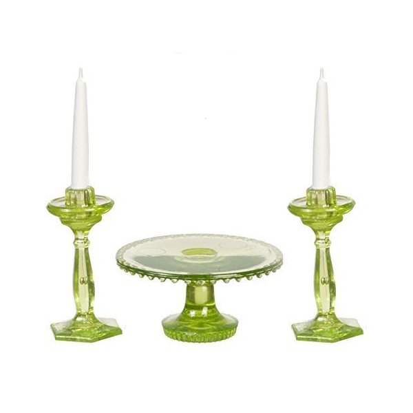 Dollhouse Miniature Chrysnbon Cake Plate with 2 Candles in Green