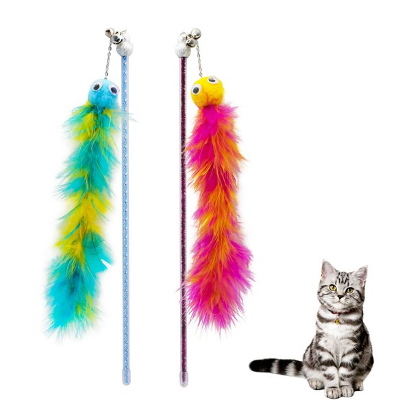 Andiker Cat Feather Toys, 2PCS Cat Wand Toys with Bell&Plush Balls, 12in Colourful Interactive Kitten Teaser Toy, Funny Interactive Cat Toys for Cat Indoor Playing Training Chasing (Red + Green)