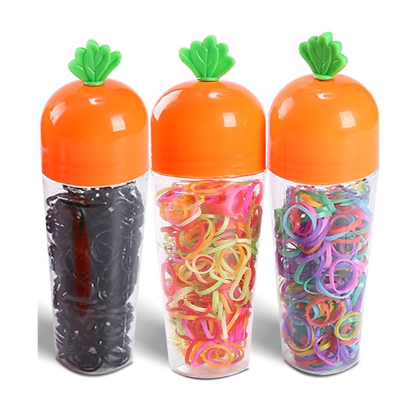 QIOKCKC 900 Tiny Rubber Bands, Vibrant Color Mini Hair Ties, with 3 Carrot Shaped Boxes, Small Hair Elastics, Little Hair Ties for Hair