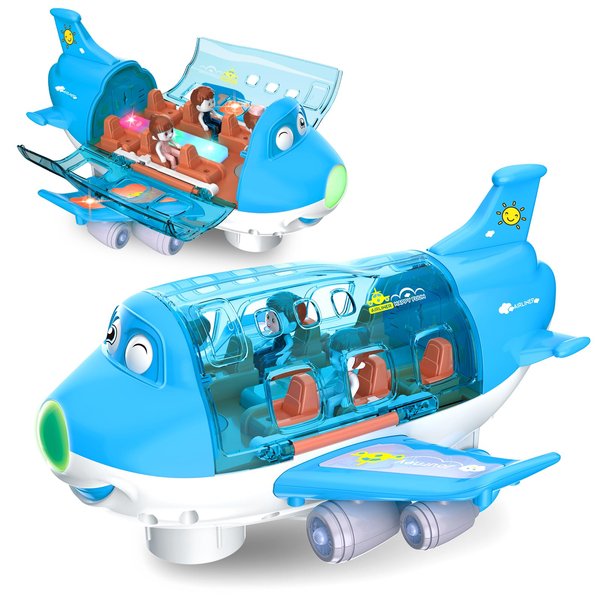 Ynybusi Airplane Toys for Toddlers 1-3, Plane Toys for 2 3 4 5 Year Old Boys Girls Birthday, Infant Toy Bump and Go Action Air Plane with LED Flashing Lights & Sounds (Blue)