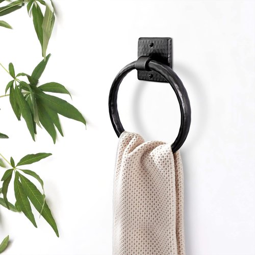 Monarch Abode 19131 Round Towel Ring Holder Hand Hammered Wall Mount Bathroom and Kitchen Storage, Metal Towel Hanger, 7 inch, Matte Black